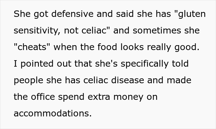 Text discussing a worker calling out a gluten-free colleague about celiac disease and office accommodations at a pizza party.