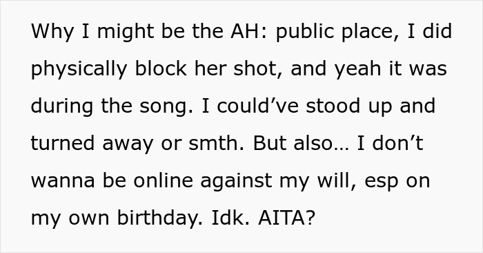 Text excerpt discussing blocking a camera shot during a birthday dinner, highlighting influencer and SIL conflict. Text excerpt discussing blocking a camera shot during a birthday dinner, highlighting influencer and SIL conflict.