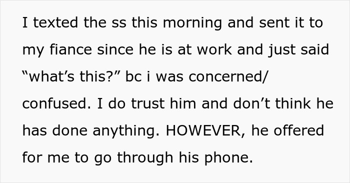 Text message from a mom-to-be about her fiancé’s strange text, raising concerns and doubts about trust and confusion. Text message from a mom-to-be about her fiancé’s strange text, raising concerns and doubts about trust and confusion.