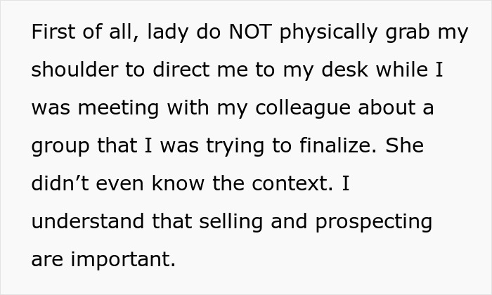 Text excerpt discussing workplace interaction and misunderstandings related to employee work and management behavior.