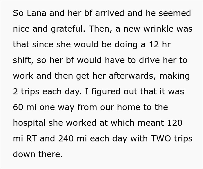 Text excerpt describing a couple hosting an old friend and dealing with difficult requests involving long daily drives. Text excerpt describing a couple hosting an old friend and dealing with difficult requests involving long daily drives.