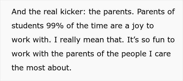 Text excerpt about parents being a joy to work with, emphasizing positive relationships with students' parents. Text excerpt about parents being a joy to work with, emphasizing positive relationships with students' parents.