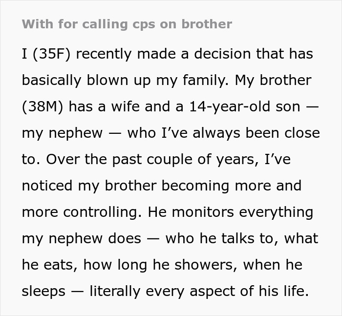 Woman concerned about controlling brother’s behavior calls CPS worried for nephew’s safety and well-being. Woman concerned about controlling brother’s behavior calls CPS worried for nephew’s safety and well-being.