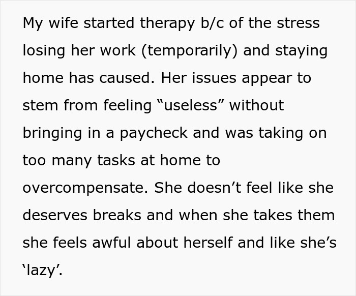 Text about wife’s therapy journey dealing with stress, feeling useless, and proving husband wrong about her capabilities.