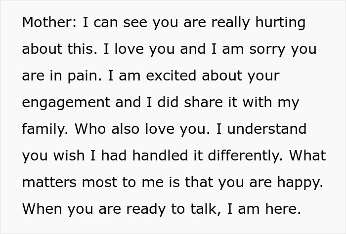 Mother expresses love and offers support after bride cuts mom off from key wedding plans over family update. Mother expresses love and offers support after bride cuts mom off from key wedding plans over family update.