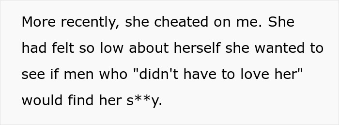 Text excerpt discussing infidelity and self-esteem, related to in-laws suspecting man divorces daughter due to weight. Text excerpt discussing infidelity and self-esteem, related to in-laws suspecting man divorces daughter due to weight.