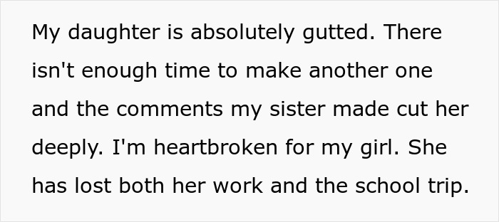 Text expressing a mother’s heartbreak over her daughter losing work and a school trip due to family conflict and grieving issues. Text expressing a mother’s heartbreak over her daughter losing work and a school trip due to family conflict and grieving issues.