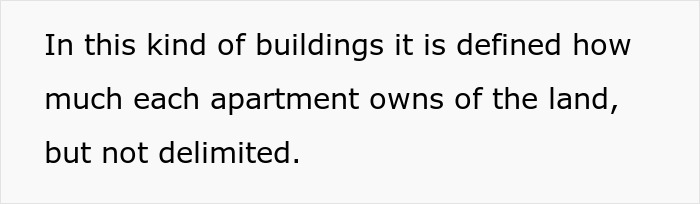 Text explaining how apartment land ownership is defined but not delimited in buildings involving neighbor patio disputes. Text explaining how apartment land ownership is defined but not delimited in buildings involving neighbor patio disputes.