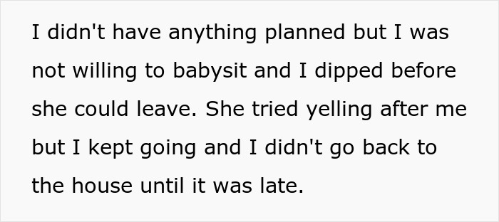 Text excerpt about a teen refusing to babysit and walking out after dad demands he watch his fiancée’s kids. Text excerpt about a teen refusing to babysit and walking out after dad demands he watch his fiancée’s kids.