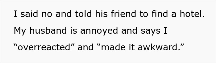 Text message conversation showing a wife insisting friend find hotel after compliment, while husband disagrees and feels awkward. Text message conversation showing a wife insisting friend find hotel after compliment, while husband disagrees and feels awkward.