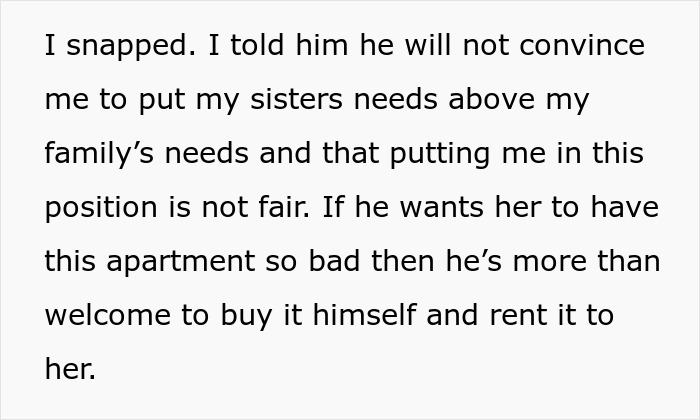 Text excerpt about family conflict and demands for $33k, highlighting sister's needs versus family fairness dispute. Text excerpt about family conflict and demands for $33k, highlighting sister's needs versus family fairness dispute.