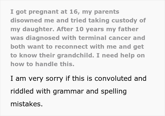 Text about estranged dad with cancer seeking to reconnect with daughter disowned after pregnancy, needing advice. Text about estranged dad with cancer seeking to reconnect with daughter disowned after pregnancy, needing advice.