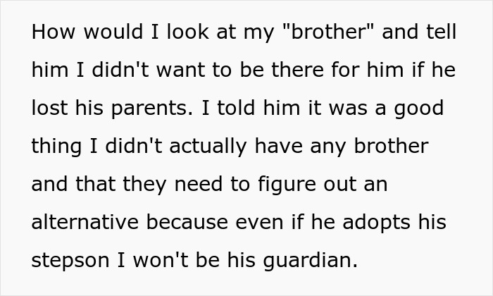 Text excerpt about rejecting role as future caregiver for autistic stepbrother, expressing refusal to be guardian. Text excerpt about rejecting role as future caregiver for autistic stepbrother, expressing refusal to be guardian.