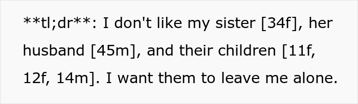 Text on a white background showing a message from a woman expressing dislike for her sister, brother-in-law, and their three children.