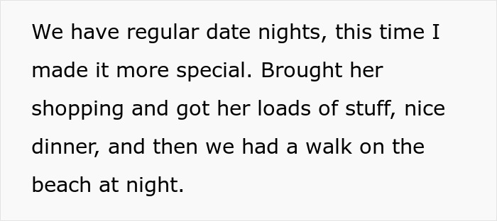 Text excerpt from a man’s dream proposal describing a special date night with shopping, dinner, and a beach walk.