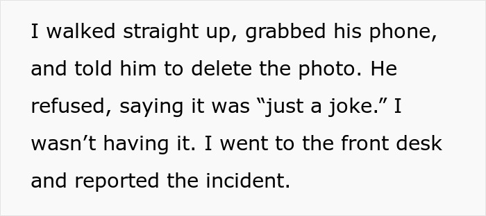 Text describing a lady grabbing a teen's phone as he takes a photo, with his mother accusing her of manhandling him. Text describing a lady grabbing a teen's phone as he takes a photo, with his mother accusing her of manhandling him.