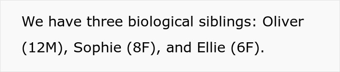 Text on a white background stating three biological siblings named Oliver (12M), Sophie (8F), and Ellie (6F). Text on a white background stating three biological siblings named Oliver (12M), Sophie (8F), and Ellie (6F).