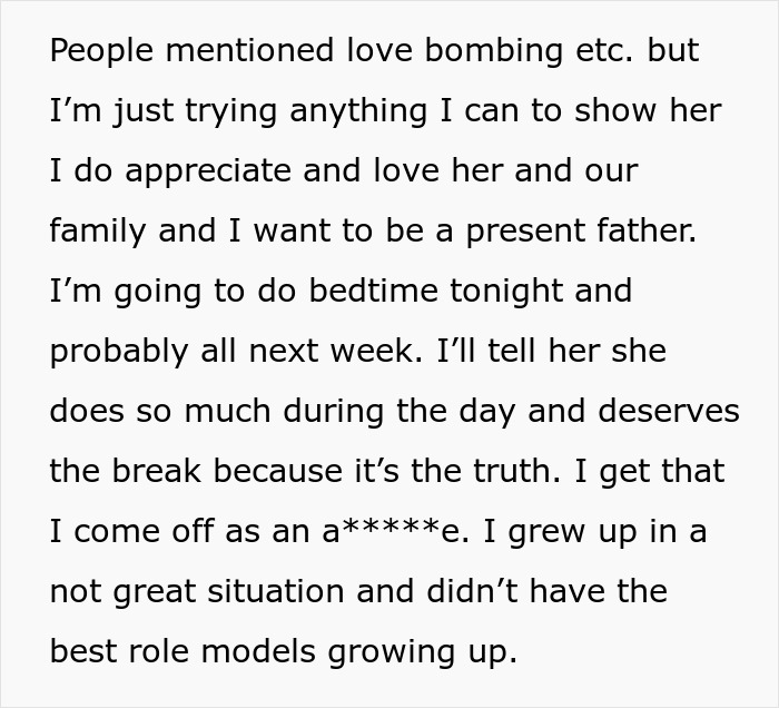 Man supports wife and proves wrong, showing appreciation and love while becoming a present and involved father.