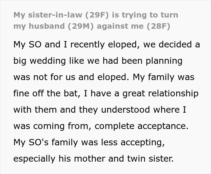 Text excerpt showing a sister-in-law trying to turn her brother against his wife, causing shock to the couple.
