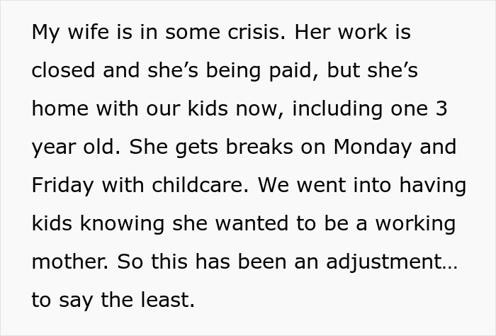 Text excerpt describing a man telling his wife she couldn’t do it without him while she manages childcare and work adjustments.