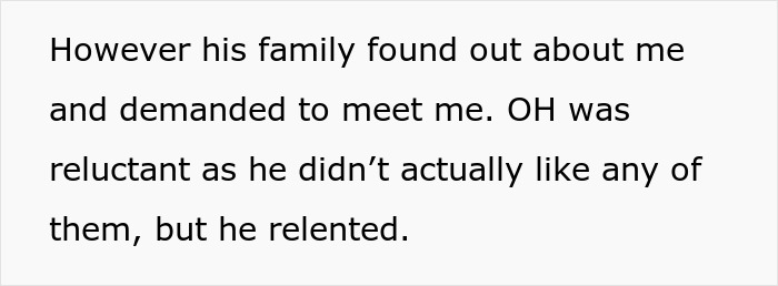 Text excerpt showing a woman explaining how her partner’s family discovered her and demanded to meet despite his reluctance, related to mil-try-poison-woman.