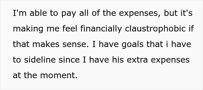 Alt text: Text expressing how a woman feels financially trapped while supporting her jobless fiancé building a business. Alt text: Text expressing how a woman feels financially trapped while supporting her jobless fiancé building a business.