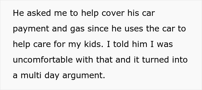 Text excerpt showing a woman feels financially trapped as jobless fiancé asks for help with car payment and gas expenses. Text excerpt showing a woman feels financially trapped as jobless fiancé asks for help with car payment and gas expenses.