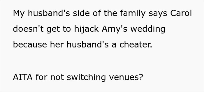 Text on white background about family conflict over wedding venue and sister’s cheating ex in a social media post. Text on white background about family conflict over wedding venue and sister’s cheating ex in a social media post.