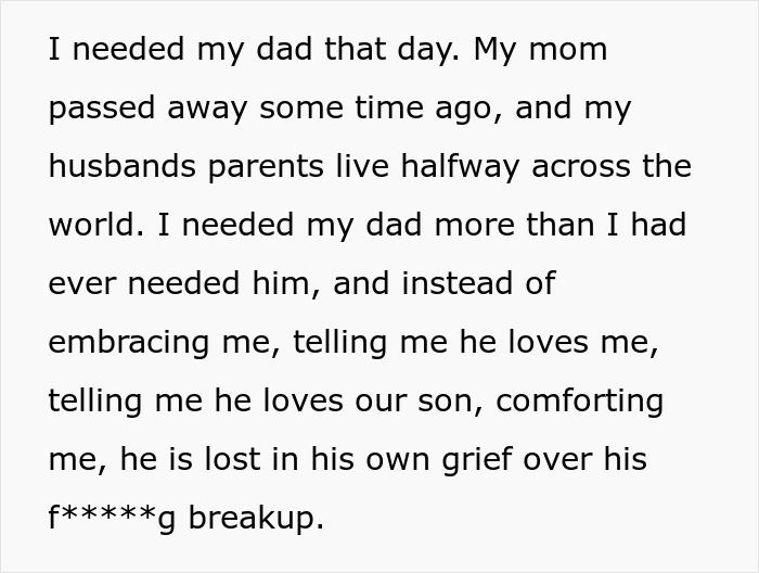 Text about woman appalled by dad’s reaction to her giving birth, expressing grief and emotional struggle. Text about woman appalled by dad’s reaction to her giving birth, expressing grief and emotional struggle.