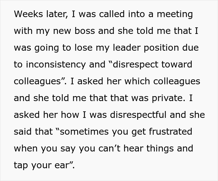 Text excerpt showing a woman discussing losing her leader position due to inconsistency and disrespect toward colleagues. Text excerpt showing a woman discussing losing her leader position due to inconsistency and disrespect toward colleagues.