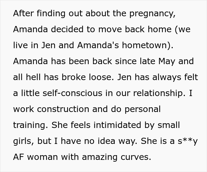 Text excerpt about a man and his pregnant girlfriend facing insecurities and relationship challenges after pregnancy news. Text excerpt about a man and his pregnant girlfriend facing insecurities and relationship challenges after pregnancy news.