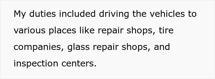 Text about duties driving vehicles to repair shops, tire companies, glass repair shops, and inspection centers. Text about duties driving vehicles to repair shops, tire companies, glass repair shops, and inspection centers.
