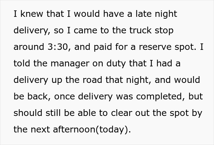 Text excerpt about reserving a truck stop spot for a late-night delivery with plans to clear it by next afternoon. Text excerpt about reserving a truck stop spot for a late-night delivery with plans to clear it by next afternoon.