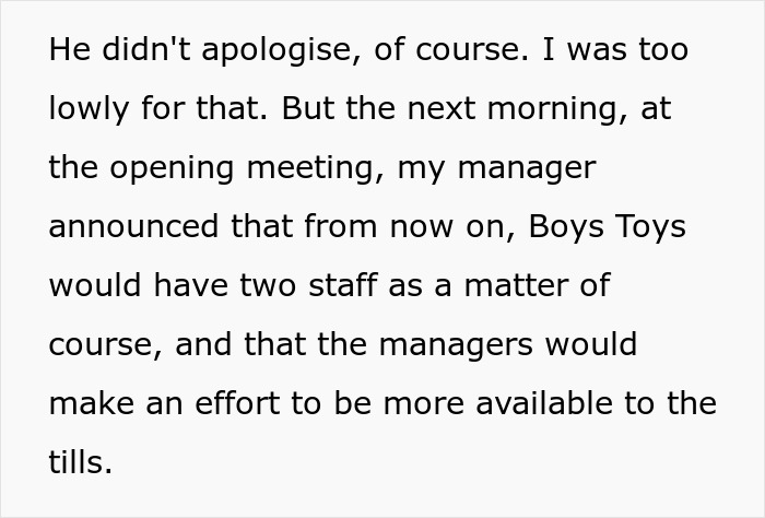 Text excerpt showing a manager addressing staff changes to improve workplace support at Boys Toys. Text excerpt showing a manager addressing staff changes to improve workplace support at Boys Toys.