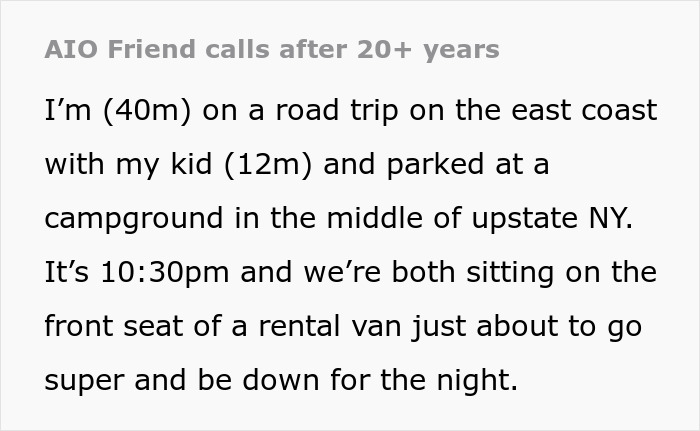Father and son on a road trip making a friends call two decades later while parked at a campground in upstate NY. Father and son on a road trip making a friends call two decades later while parked at a campground in upstate NY.