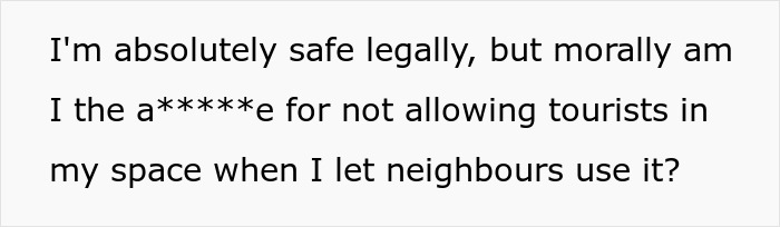 Text on a white background stating conflict over not allowing tourists to use patio, highlighting neighbor refusal and Airbnb host dispute. Text on a white background stating conflict over not allowing tourists to use patio, highlighting neighbor refusal and Airbnb host dispute.