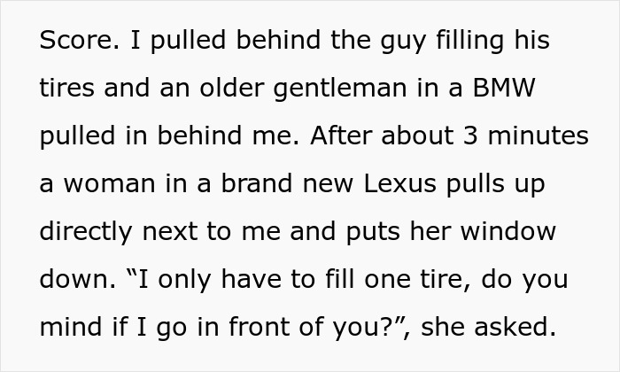 Woman in brand new Lexus skips air pump line, causes traffic trouble and ends up trapped between curbs in petty justice incident