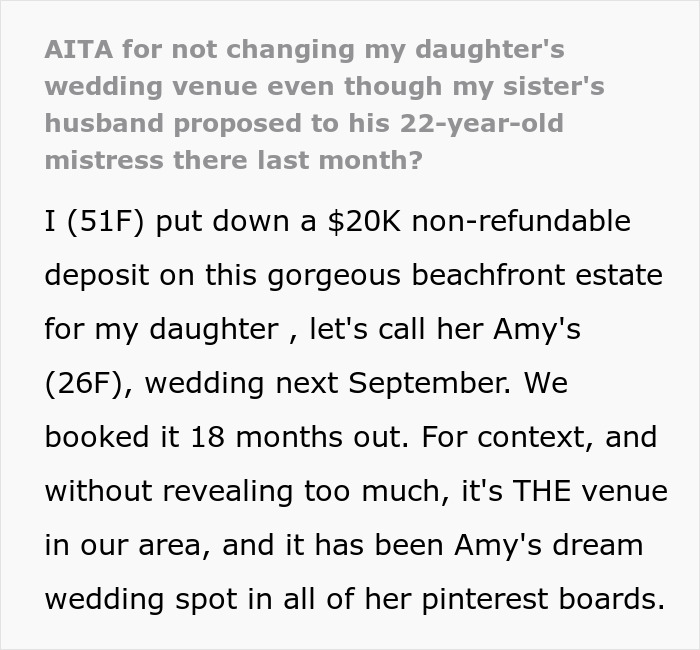 Text excerpt discussing a woman refusing to cancel her daughter's dream wedding venue despite family issues involving sister's cheating ex. Text excerpt discussing a woman refusing to cancel her daughter's dream wedding venue despite family issues involving sister's cheating ex.