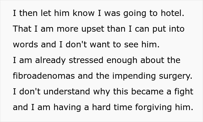 Text screenshot showing a wife stressed about fibroadenomas and surgery after hubby mocks her mispronunciation, leaving her in tears. Text screenshot showing a wife stressed about fibroadenomas and surgery after hubby mocks her mispronunciation, leaving her in tears.