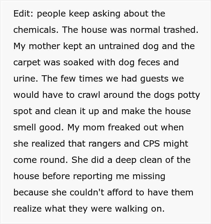 Alt text: Text describing a mother’s neglectful home environment and regret after telling her teen son to leave. Alt text: Text describing a mother’s neglectful home environment and regret after telling her teen son to leave.