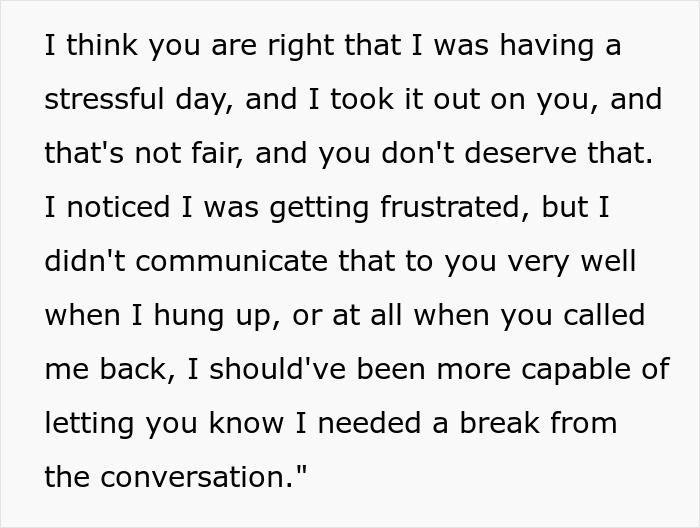 Alt text: Text message showing an apology after a stressful day, related to hubby mocking wife over mispronunciation issue. Alt text: Text message showing an apology after a stressful day, related to hubby mocking wife over mispronunciation issue.
