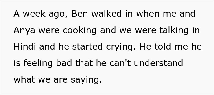 Text showing a mom describing how her stepdad suggested punishing her kid for speaking a native language his son can't understand. Text showing a mom describing how her stepdad suggested punishing her kid for speaking a native language his son can't understand.