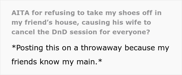 Screenshot of a social media post about refusing to take shoes off at a friend’s house due to a medical condition. Screenshot of a social media post about refusing to take shoes off at a friend’s house due to a medical condition.