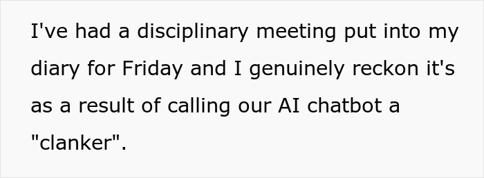 Alt text: Worker disciplined after using slurs against AI chatbot in workplace communication. Alt text: Worker disciplined after using slurs against AI chatbot in workplace communication.
