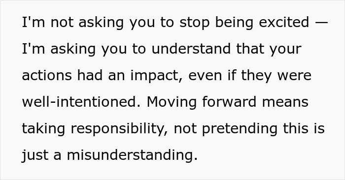 Text excerpt on a white background about taking responsibility after a wedding proposal family update conflict. Text excerpt on a white background about taking responsibility after a wedding proposal family update conflict.
