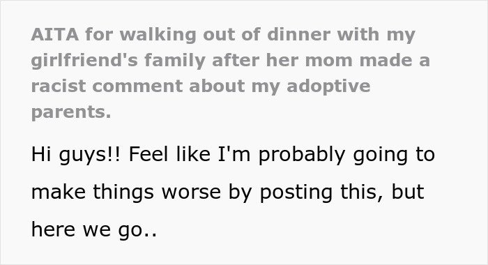 Screenshot of a Reddit post discussing walking out of dinner after racist insults by girlfriend’s mom toward Black parents. Screenshot of a Reddit post discussing walking out of dinner after racist insults by girlfriend’s mom toward Black parents.