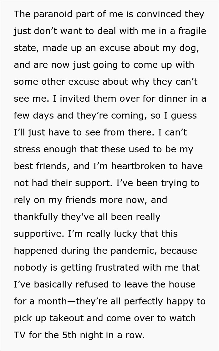 Text excerpt discussing feelings of paranoia, friend support, and staying home during the pandemic, unrelated to dog attacks. Text excerpt discussing feelings of paranoia, friend support, and staying home during the pandemic, unrelated to dog attacks.