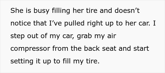 Woman in brand new Lexus skips air pump line, gets stuck between curbs while filling tire at gas station.