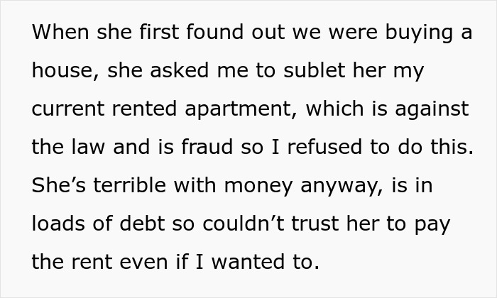 Text excerpt explaining a family dispute over money and trust involving renting an apartment and debt concerns. Text excerpt explaining a family dispute over money and trust involving renting an apartment and debt concerns.