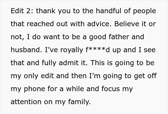 Text post showing a man admitting mistakes and focusing on family, proving wife couldn’t do it without him wrong.